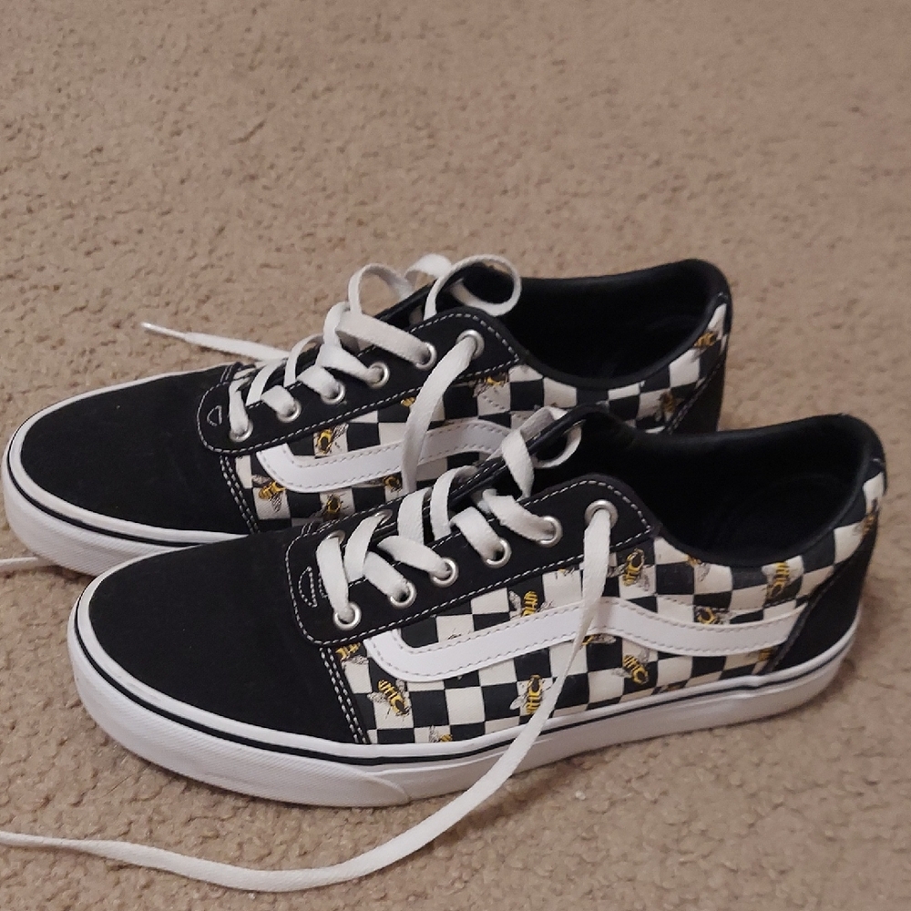 Vans Black and White Checkered Sneakers with Yellow Accents